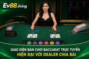 Giao diện bàn chơi Baccarat trực tuyến hiện đại với Dealer chia bài