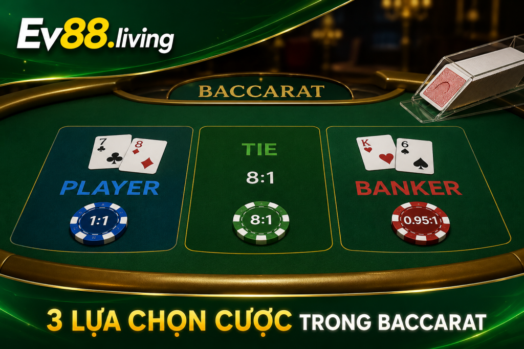 3 lựa chọn cược Player, Banker và Tie trên giao diện Baccarat