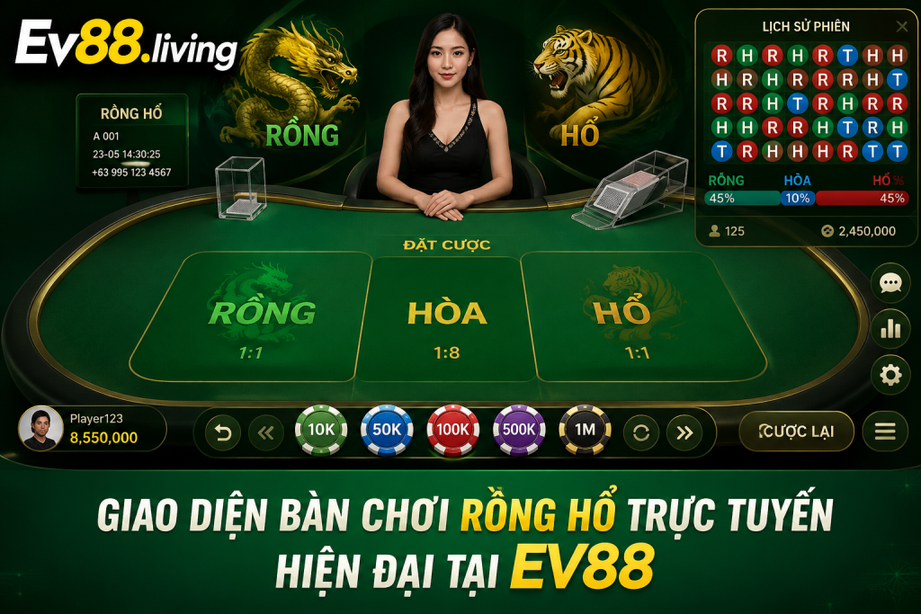 Giao diện bàn chơi Rồng Hổ trực tuyến hiện đại tại EV88