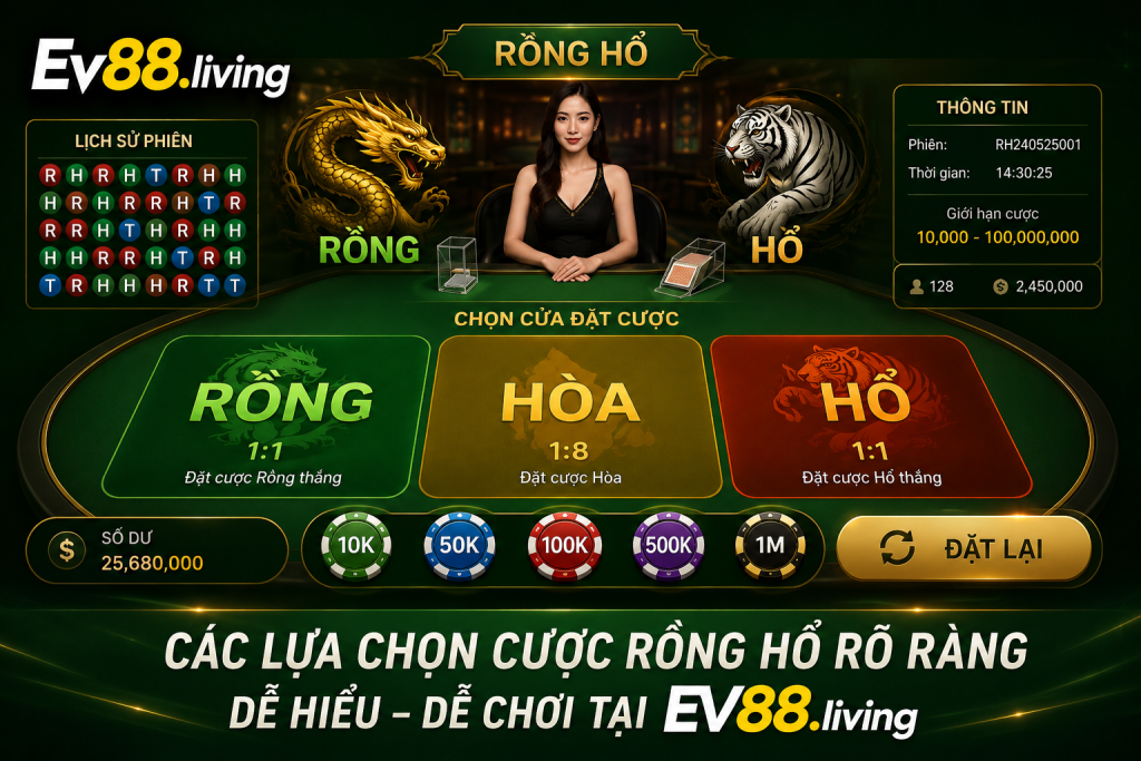 Các lựa chọn cược Rồng Hổ trên giao diện EV88